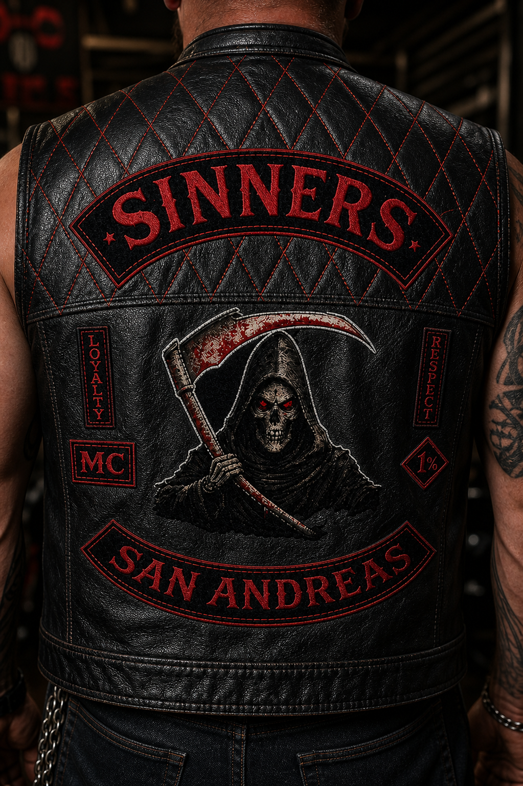 Back of the Sinners MC black leather kutte with San Andreas rocker