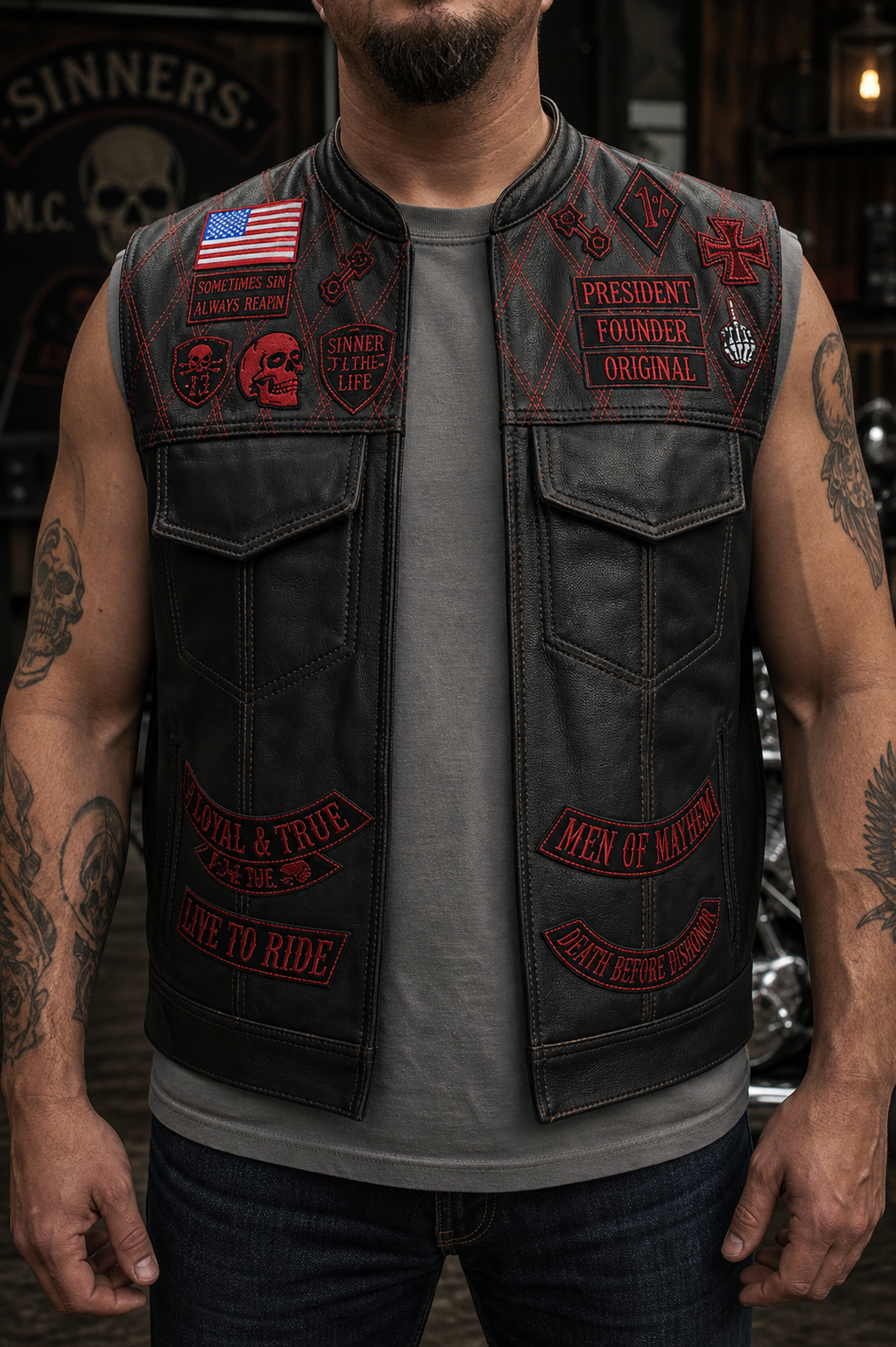 Sinners MC black leather kutte with red stitch work